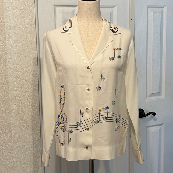 Malbe Original Musical Theme Blouse Rhinestone Buttons Vintage Size 12 - Picture 1 of 14